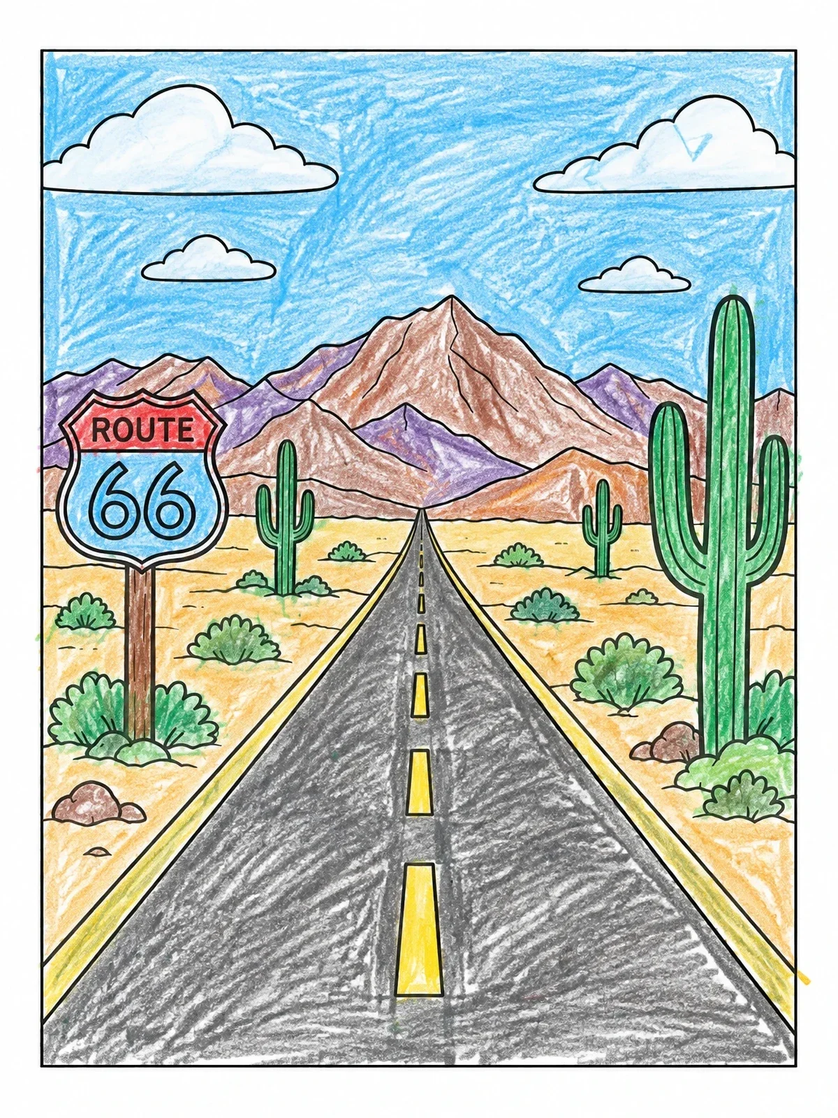 Colored example of the Route 66 Arizona Desert Highway coloring page