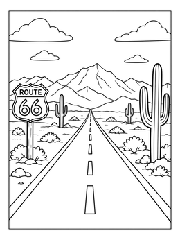 An arizona coloring page featuring Route 66 stretching toward mountains past saguaro cacti.
