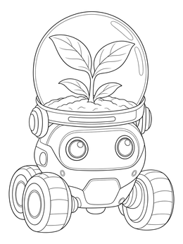 A friendly wheeled rover robot carrying a growing plant in this sprout coloring page.