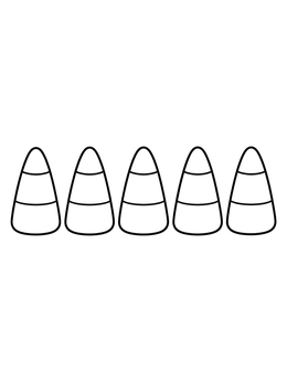 A simple candy corn coloring page featuring five striped treats lined up in a row.