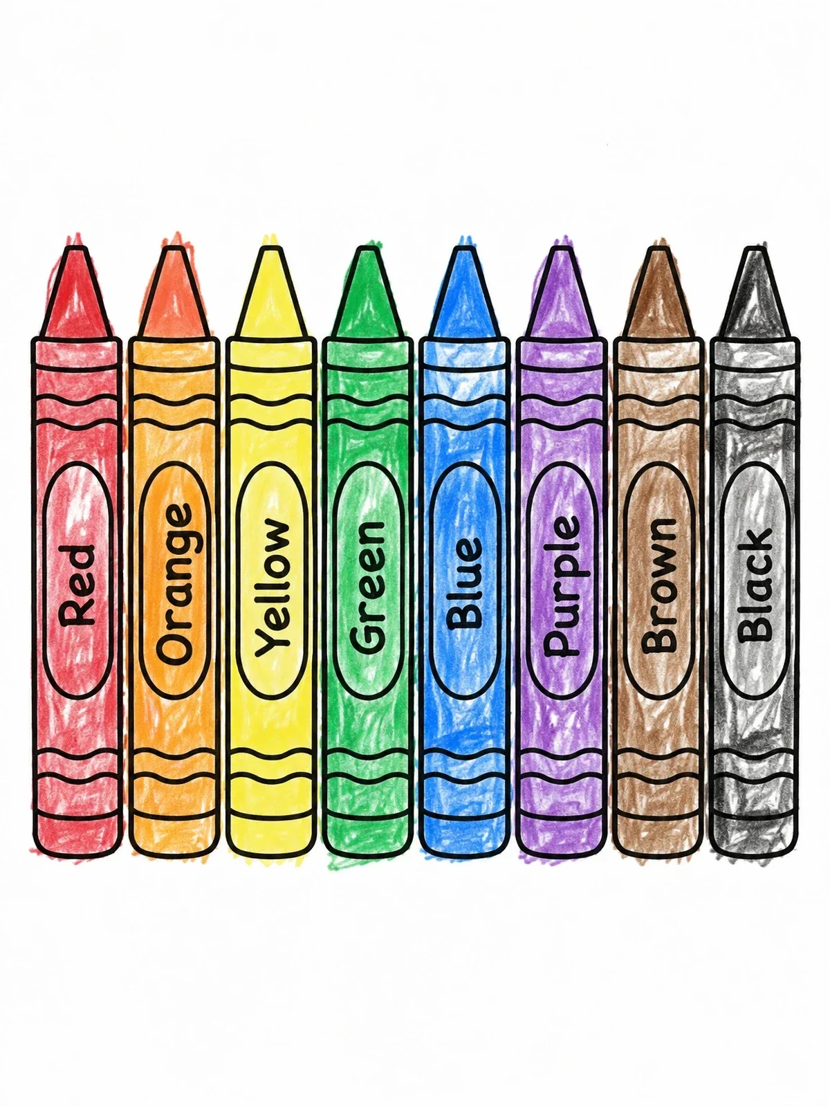 Colored example of the Row Of Labeled Crayons coloring page