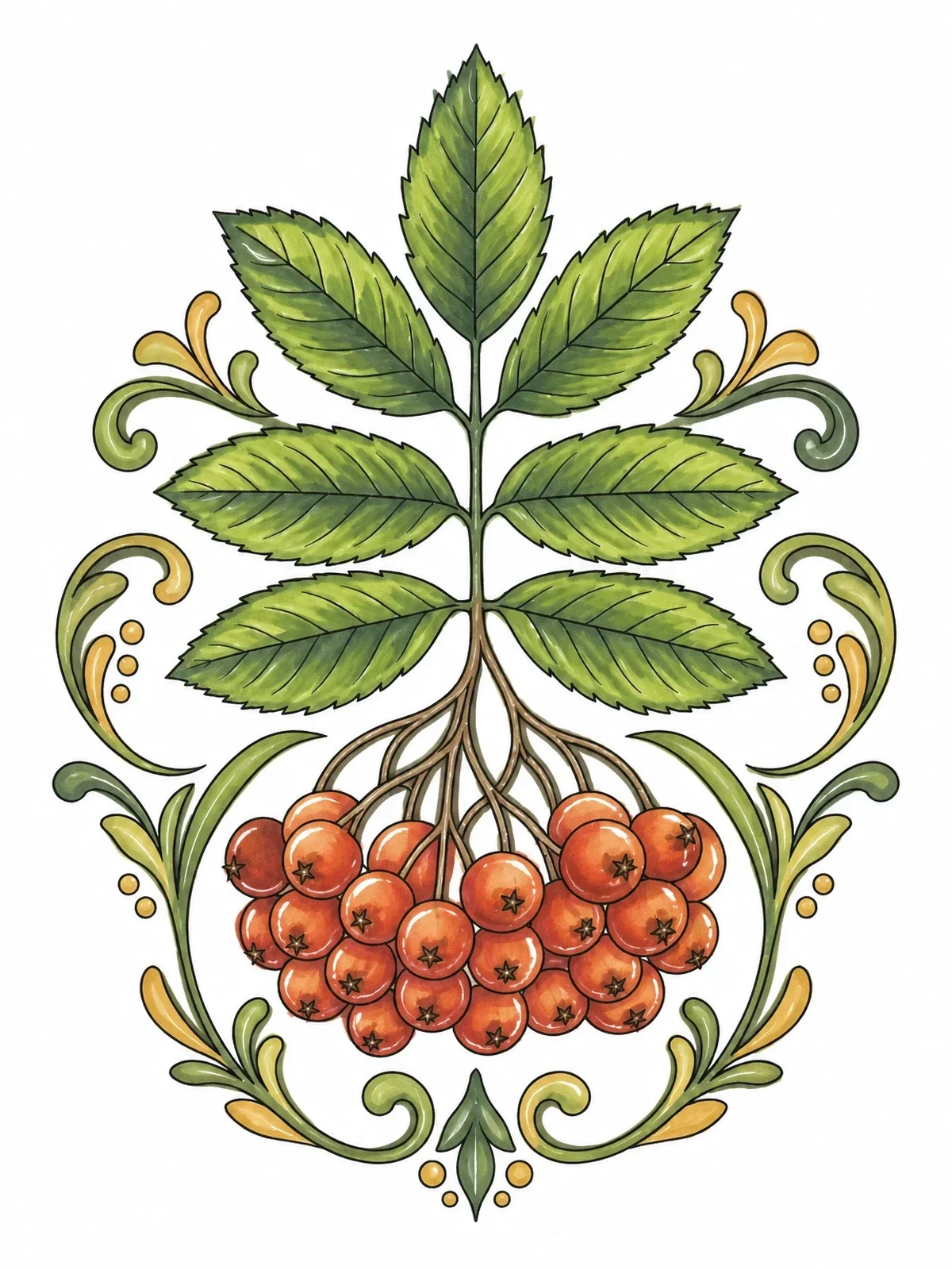 Colored example of the Rowan Leaves And Berry Cluster coloring page