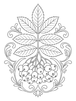A decorative rowan branch in this detailed leaves coloring page.