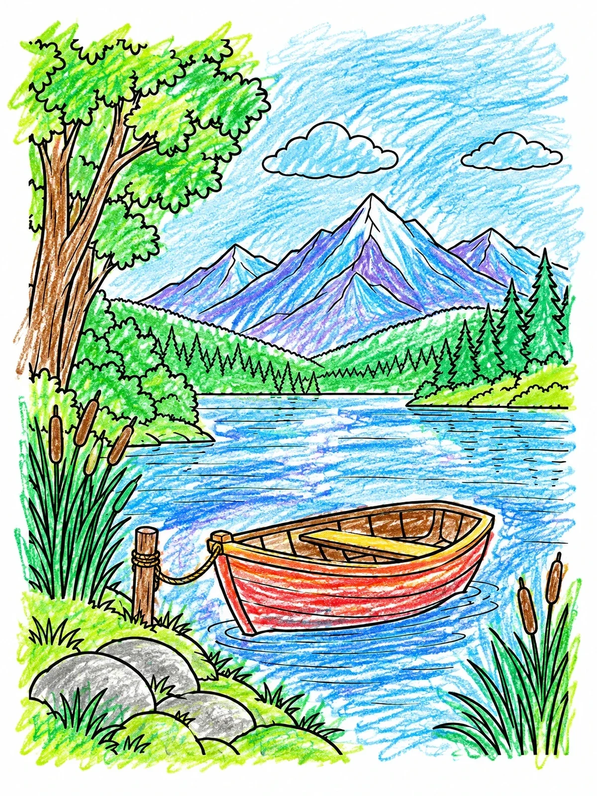 Colored example of the Rowboat By The Mountain River coloring page