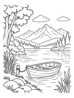 Free printable Rowboat By The Mountain River coloring page