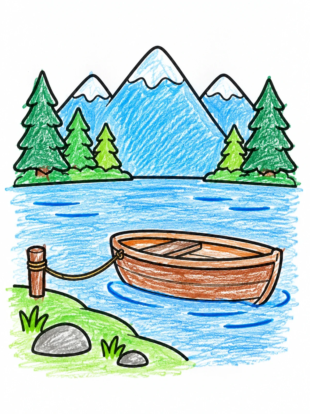 Colored example of the Rowboat On A Mountain Lake coloring page