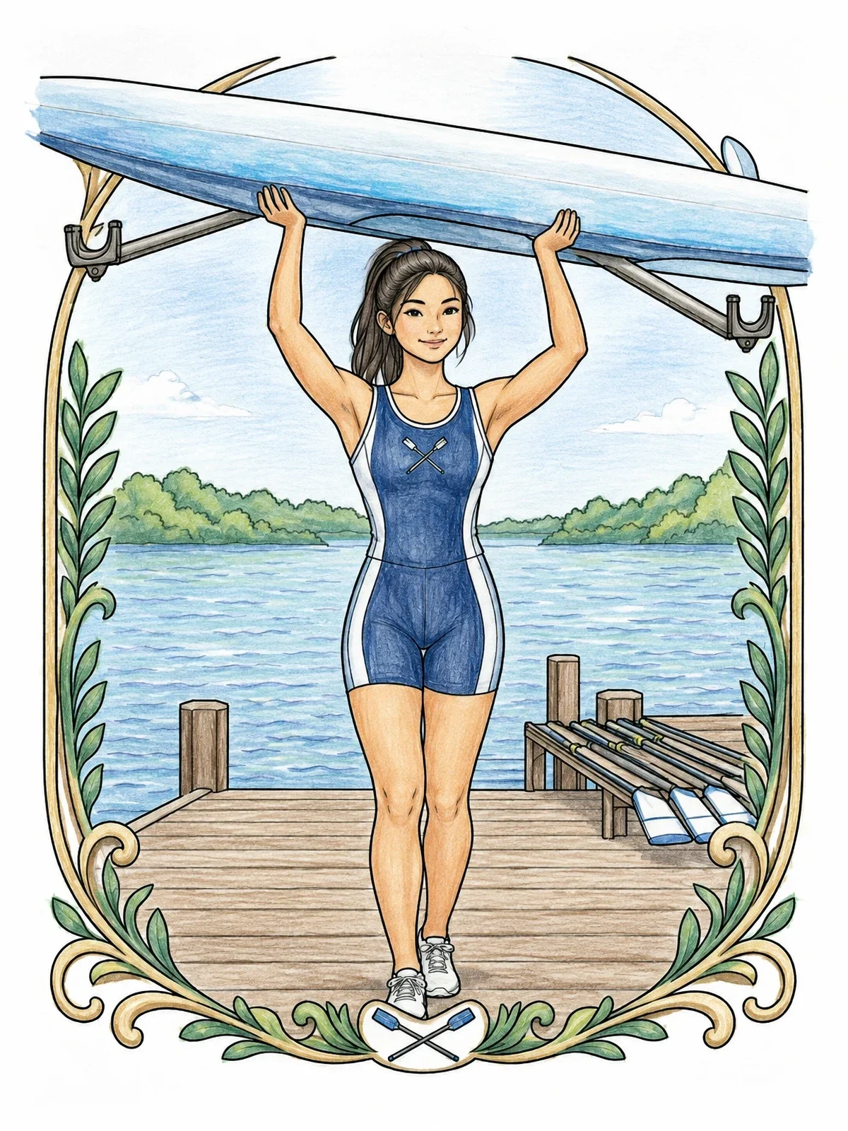 Colored example of the Crew Rower Carrying Her Shell coloring page