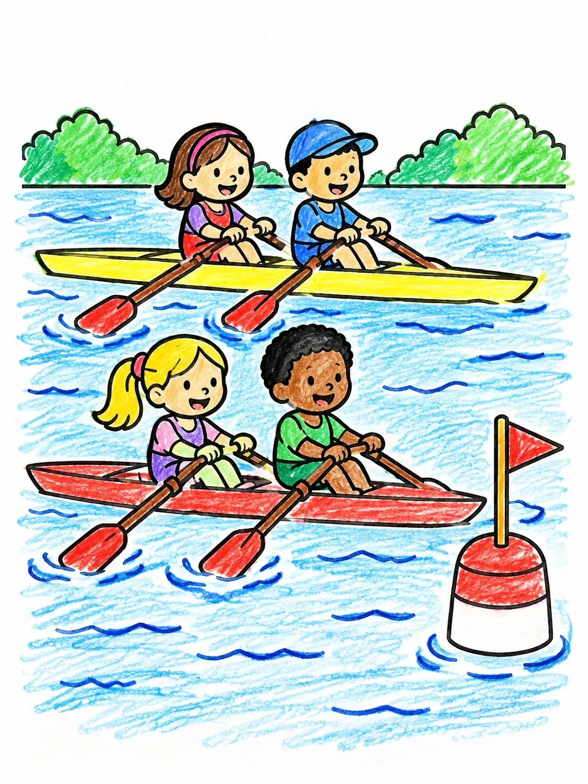 Colored example of the Kids Racing In Rowboats coloring page