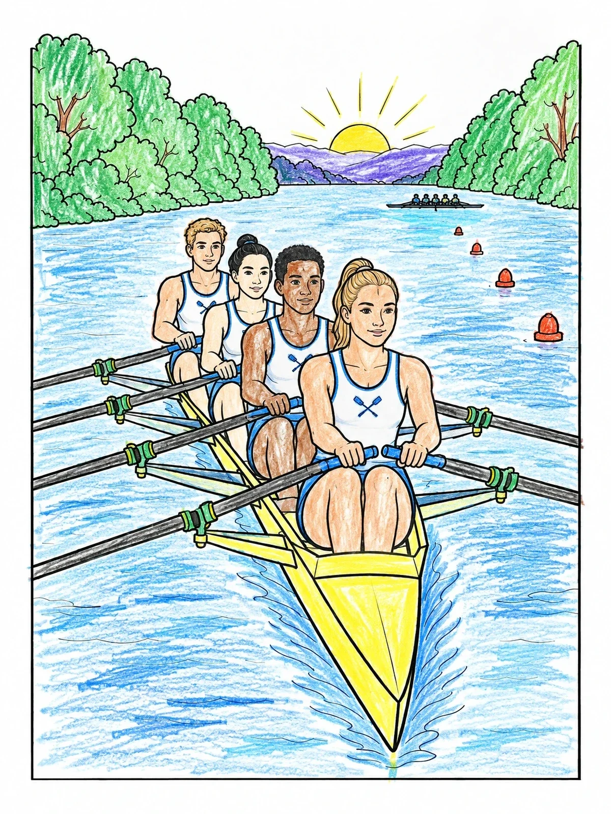 Colored example of the Quad Scull Team On The River coloring page