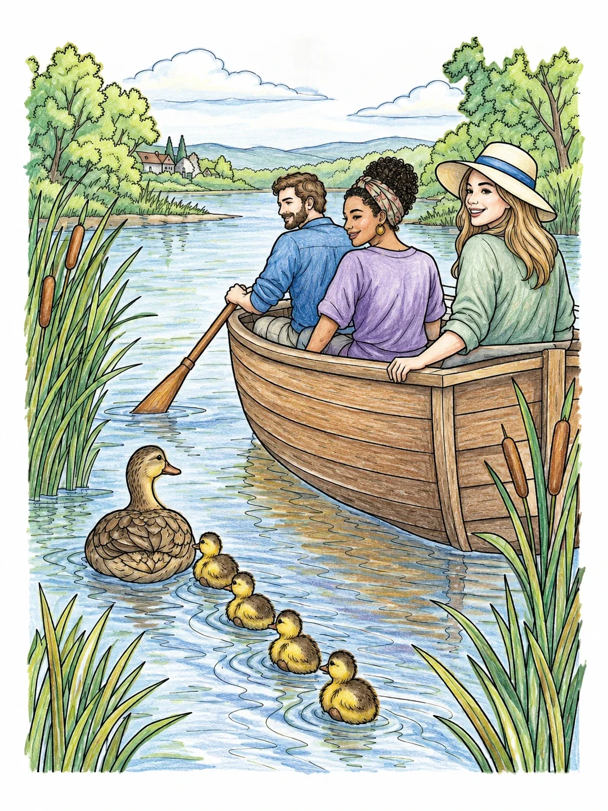 Colored example of the Rowboat Ride With Ducklings coloring page