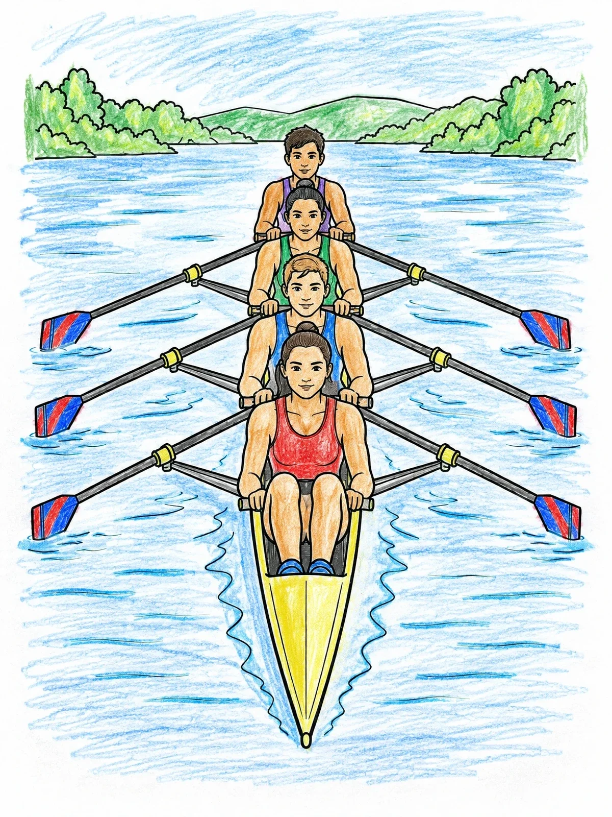 Colored example of the Rowing Team In A Quad Scull coloring page