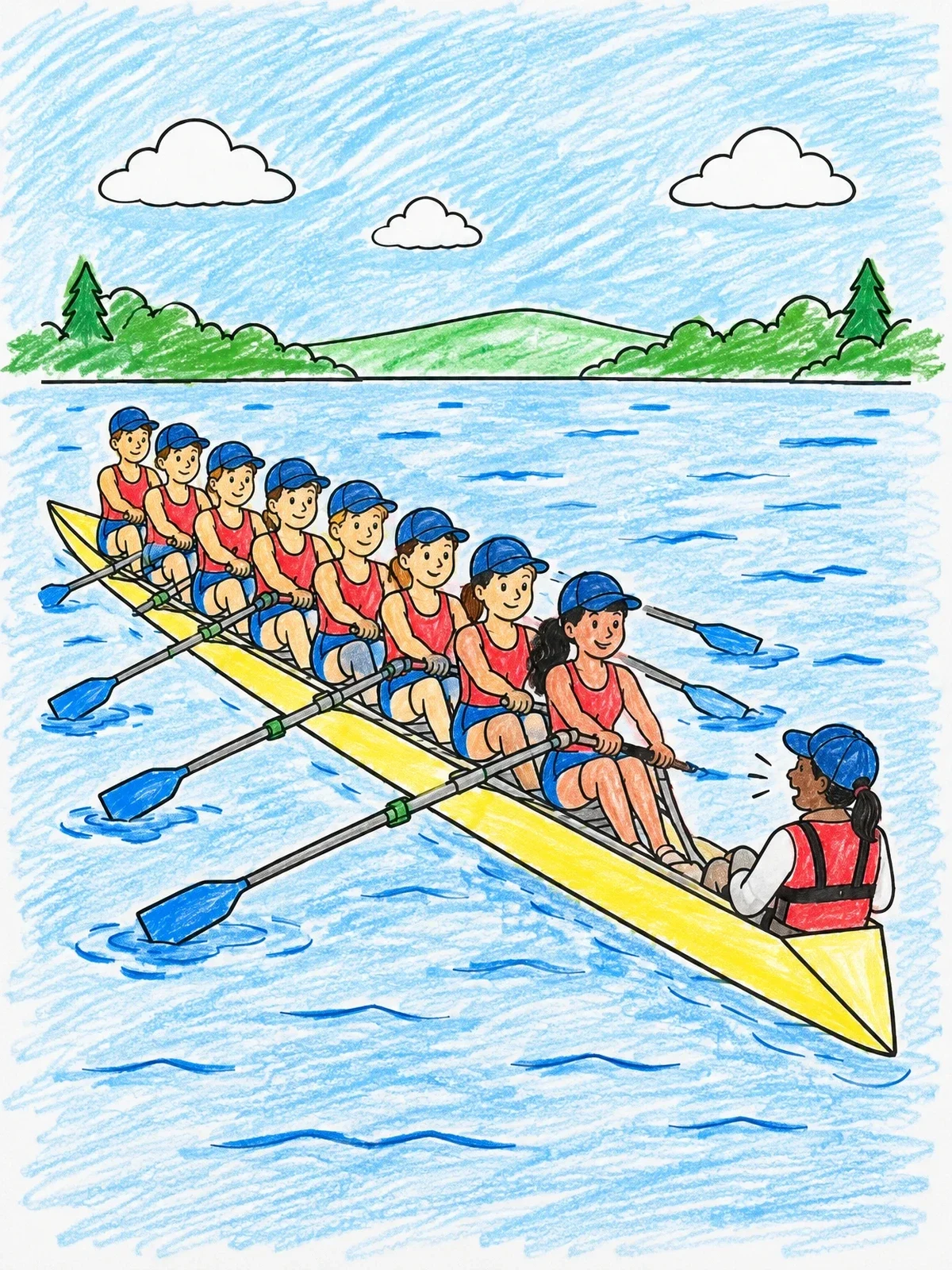 Colored example of the Rowing Team With Coxswain coloring page