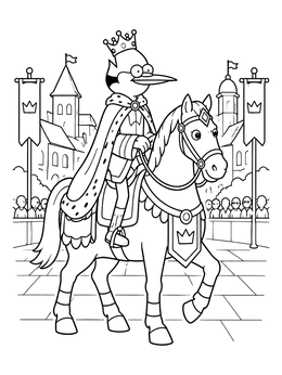 A bird character dressed as royalty rides a horse in this purim coloring page.