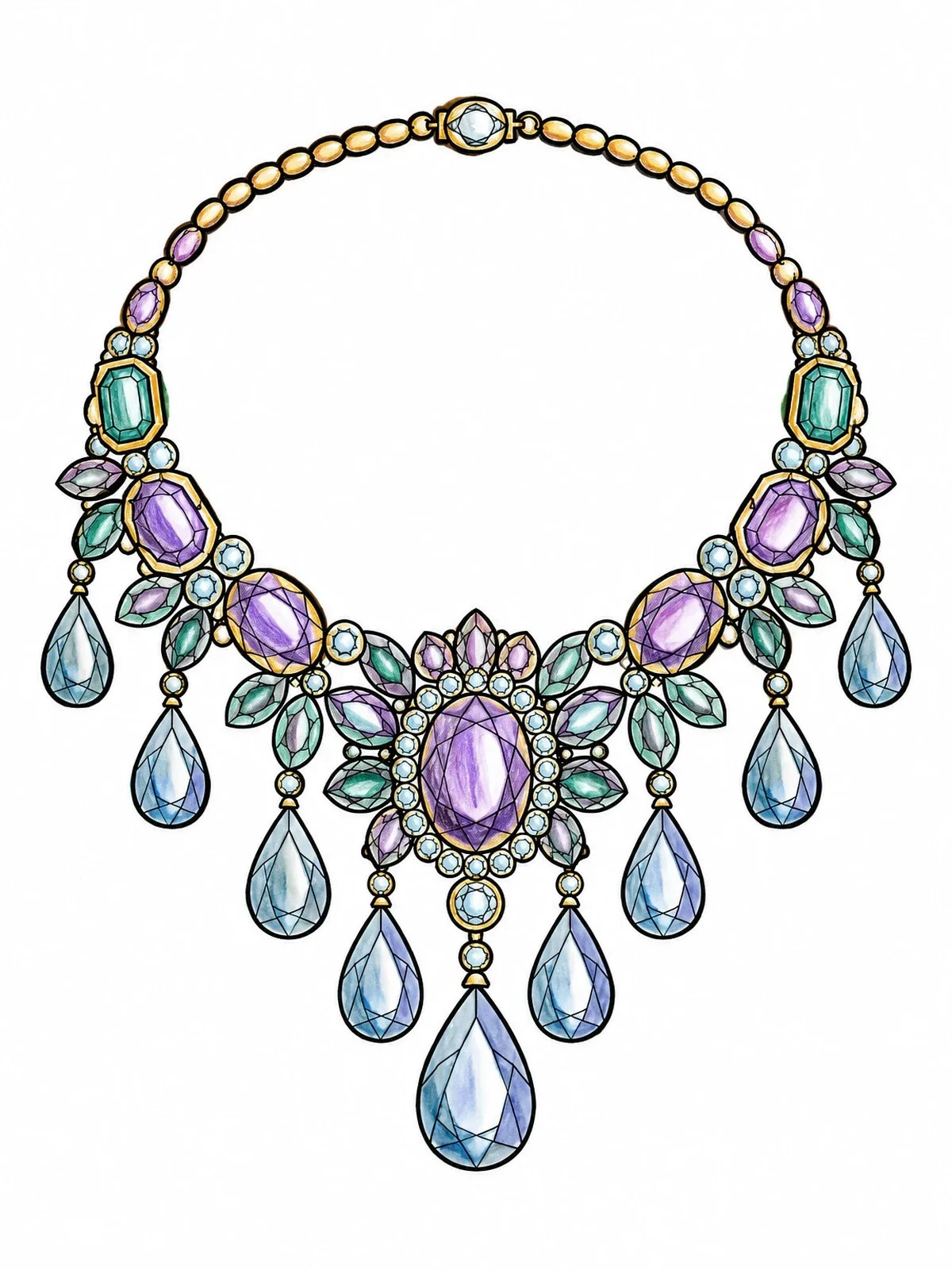 Colored example of the Royal Gemstone Collar Necklace coloring page