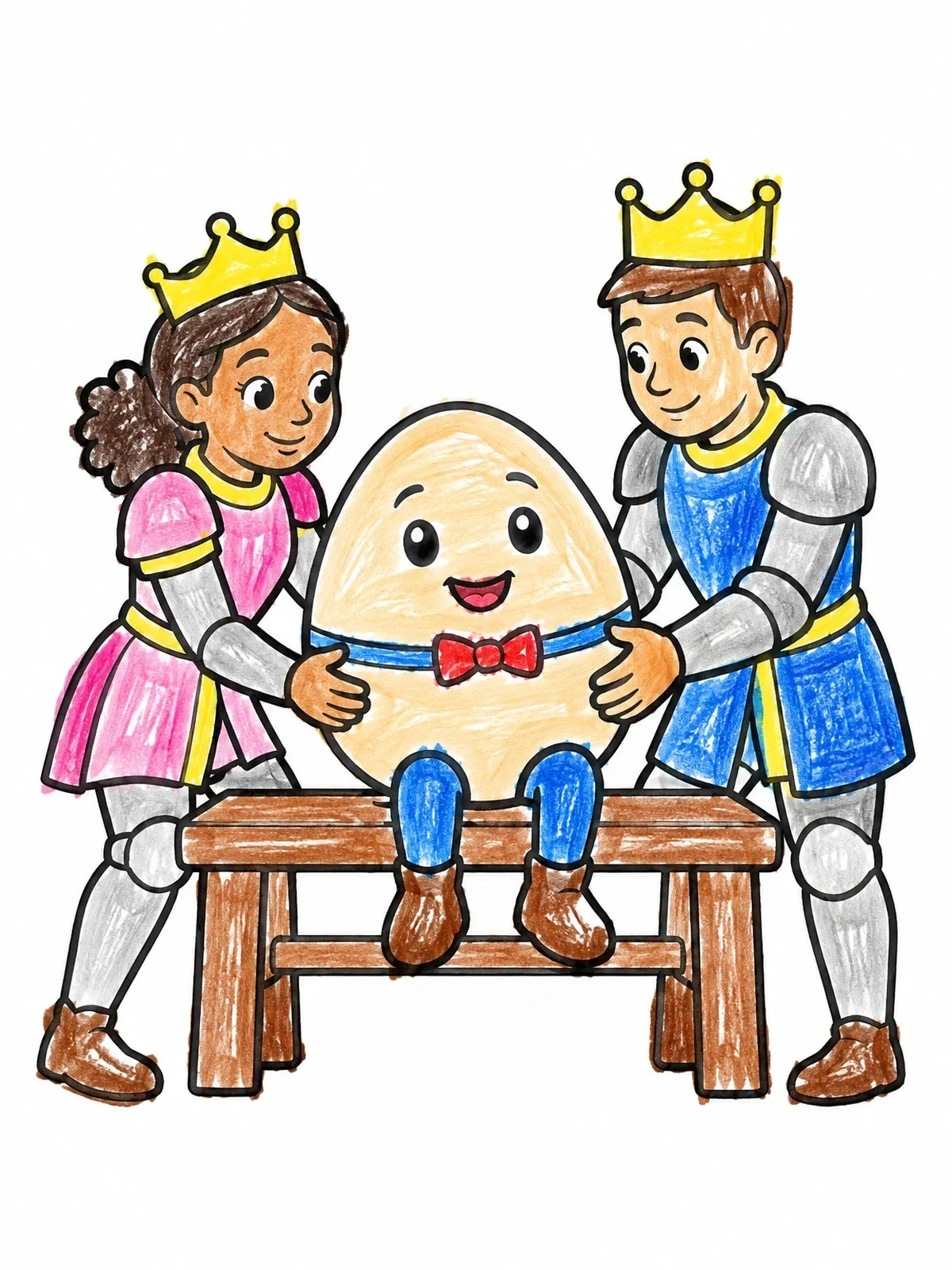 Colored example of the Royal Helpers Steadying Humpty Dumpty coloring page