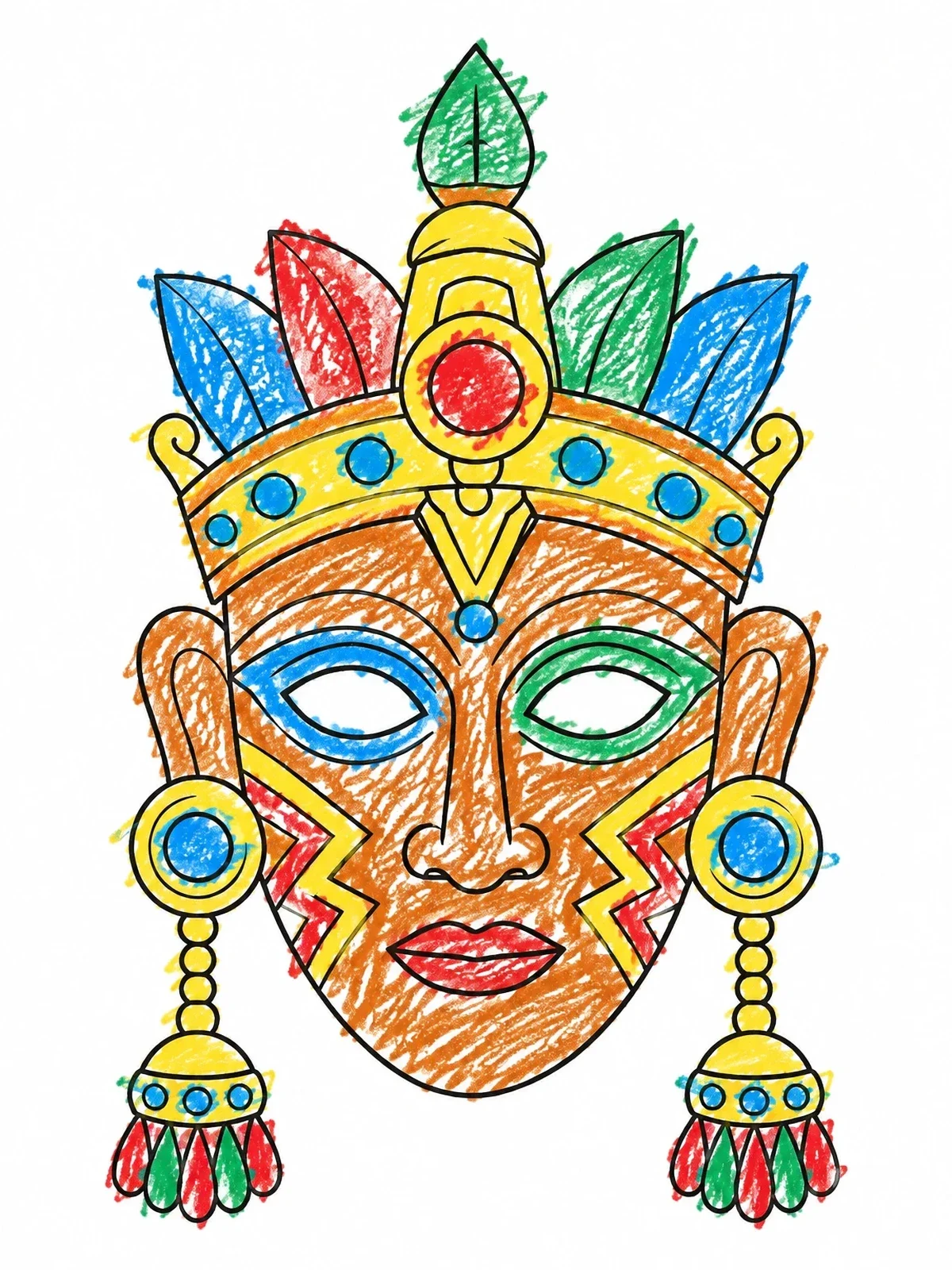 Colored example of the Ornate Royal Inca Ceremonial Mask coloring page