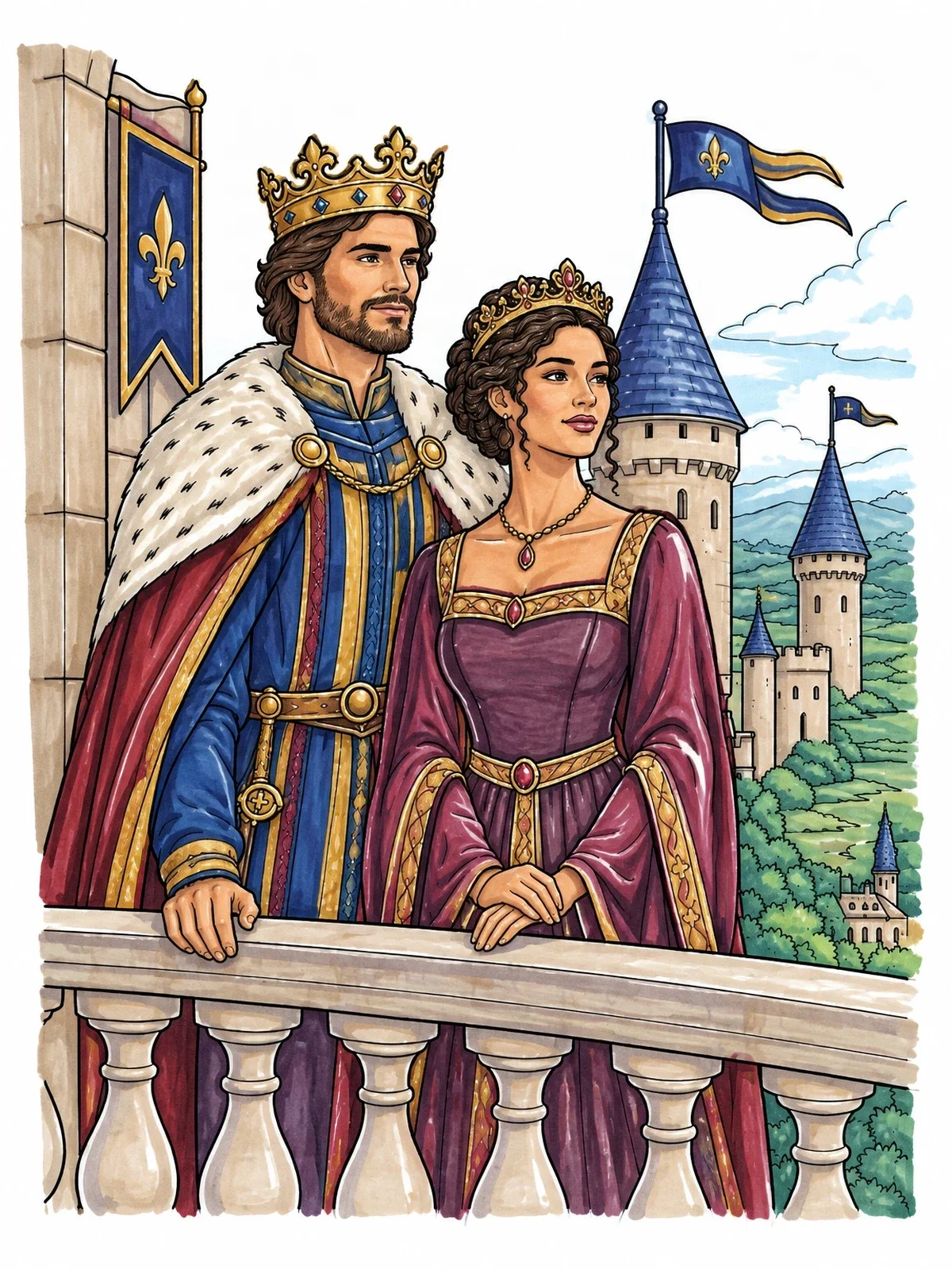 Colored example of the Royal Couple On Castle Balcony coloring page