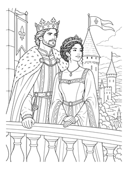 A detailed king and queen coloring page showing the royal pair standing on a castle balcony.