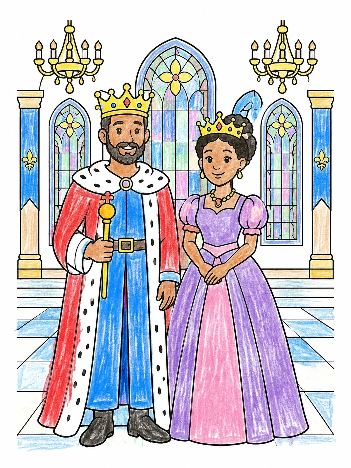 Colored example of the Royal King And Queen In Palace coloring page