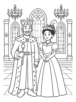 A smiling royal couple standing in an arched ballroom on this king and queen coloring page.