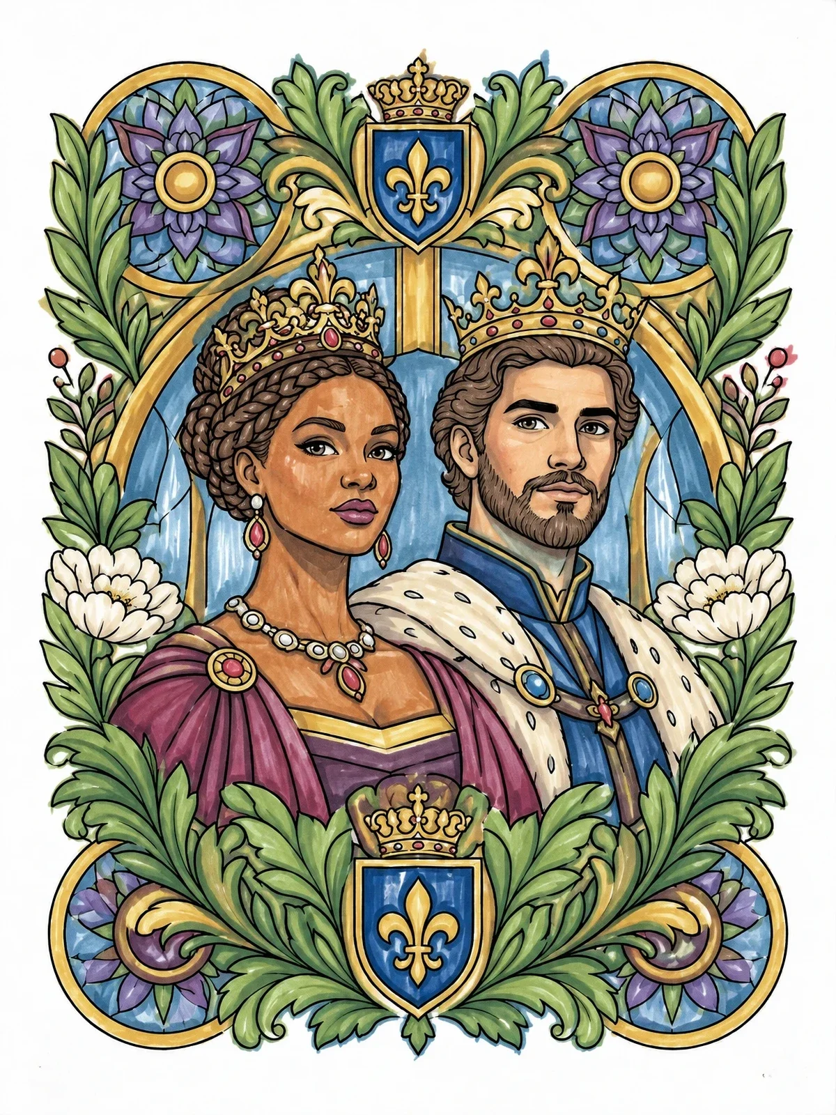 Colored example of the Royal King And Queen Portrait coloring page
