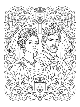 Regal monarchs featured in an intricate king and queen coloring page with floral crests.