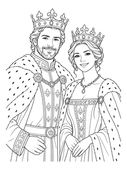 A smiling royal couple wearing crowns in this detailed king and queen coloring page.
