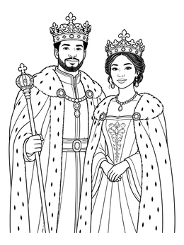 A royal monarch couple wears crowns and ermine robes on this king and queen coloring page.