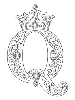 An ornate royal letter Q coloring page adorned with a majestic crown and baroque flourishes.