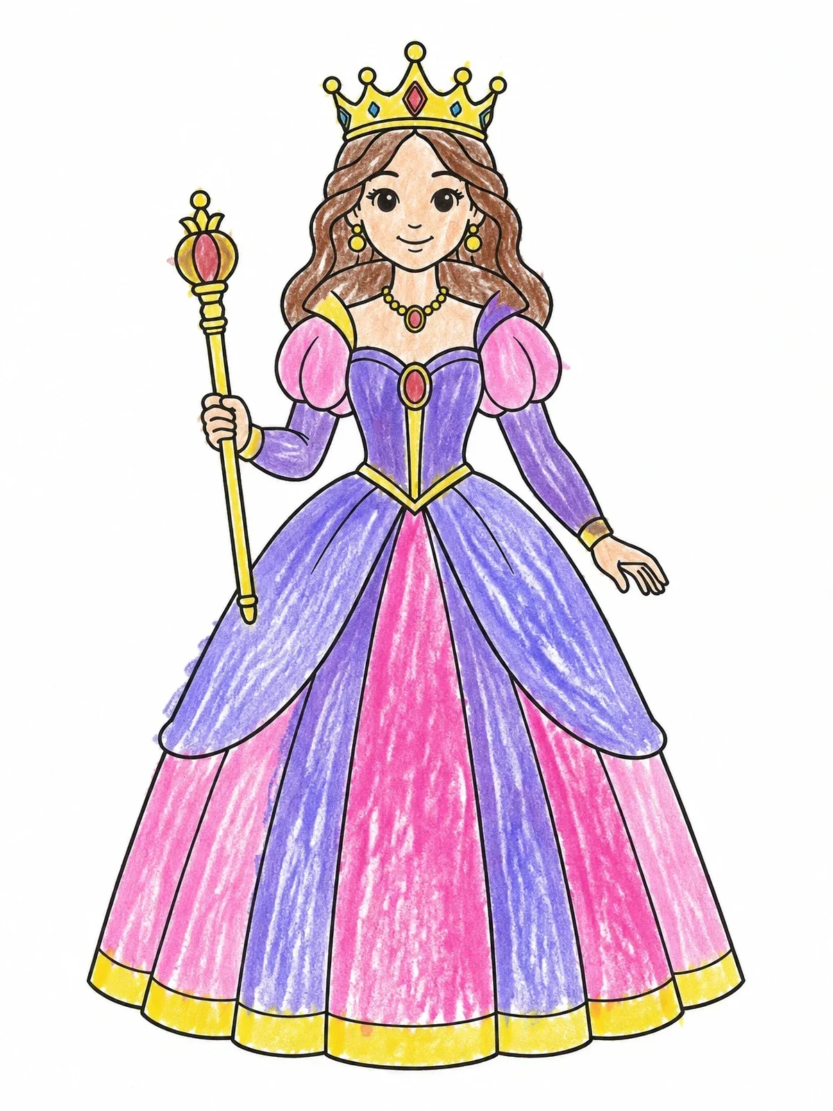 Colored example of the Elegant Royal Queen Holding Sceptre coloring page