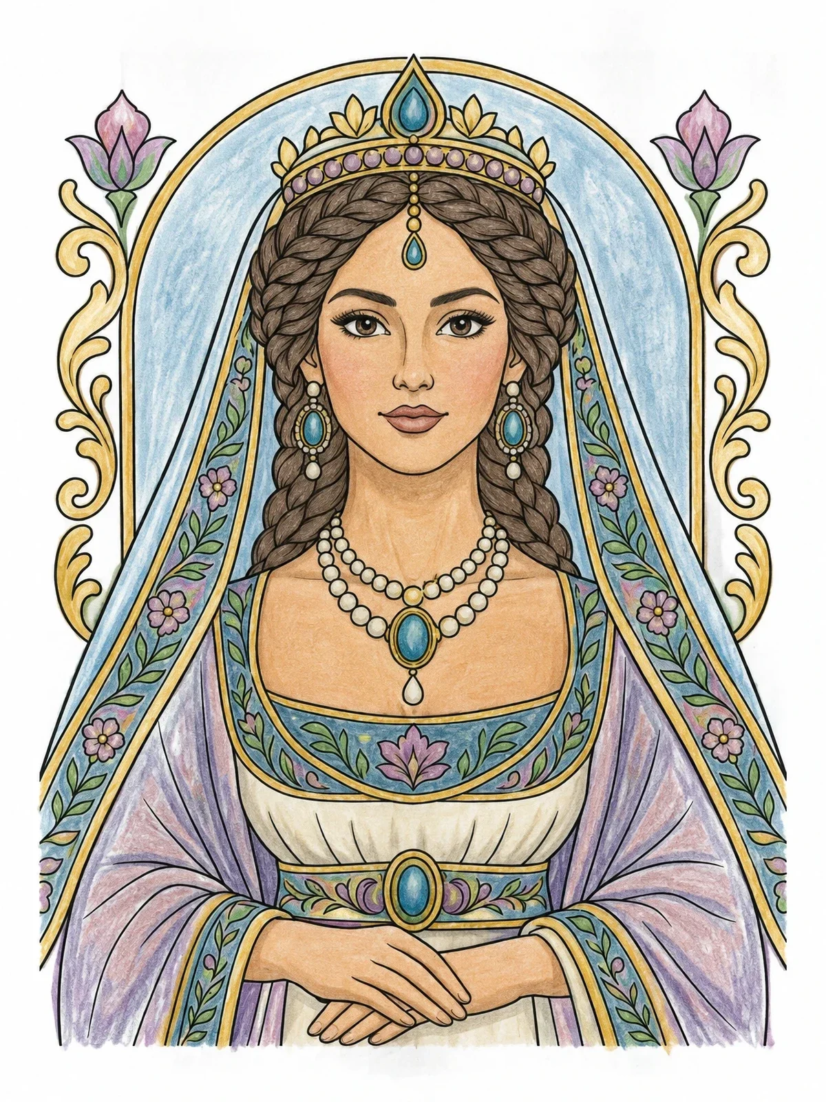 Colored example of the Elegant Royal Queen Portrait coloring page