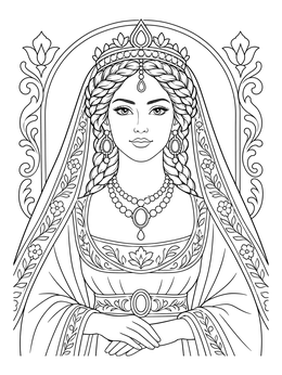 Detailed royal queen coloring page featuring braided hair, jewels, and an embroidered veil.