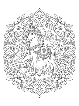 An intricate unicorn mandala coloring page with a crowned unicorn surrounded by ornate floral patterns.