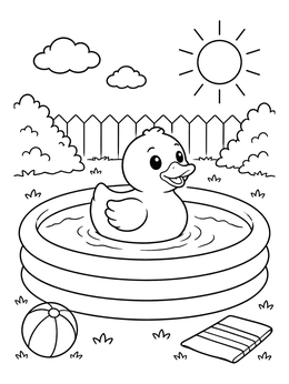 A cheerful duck coloring page featuring a rubber duck floating in an inflatable pool.