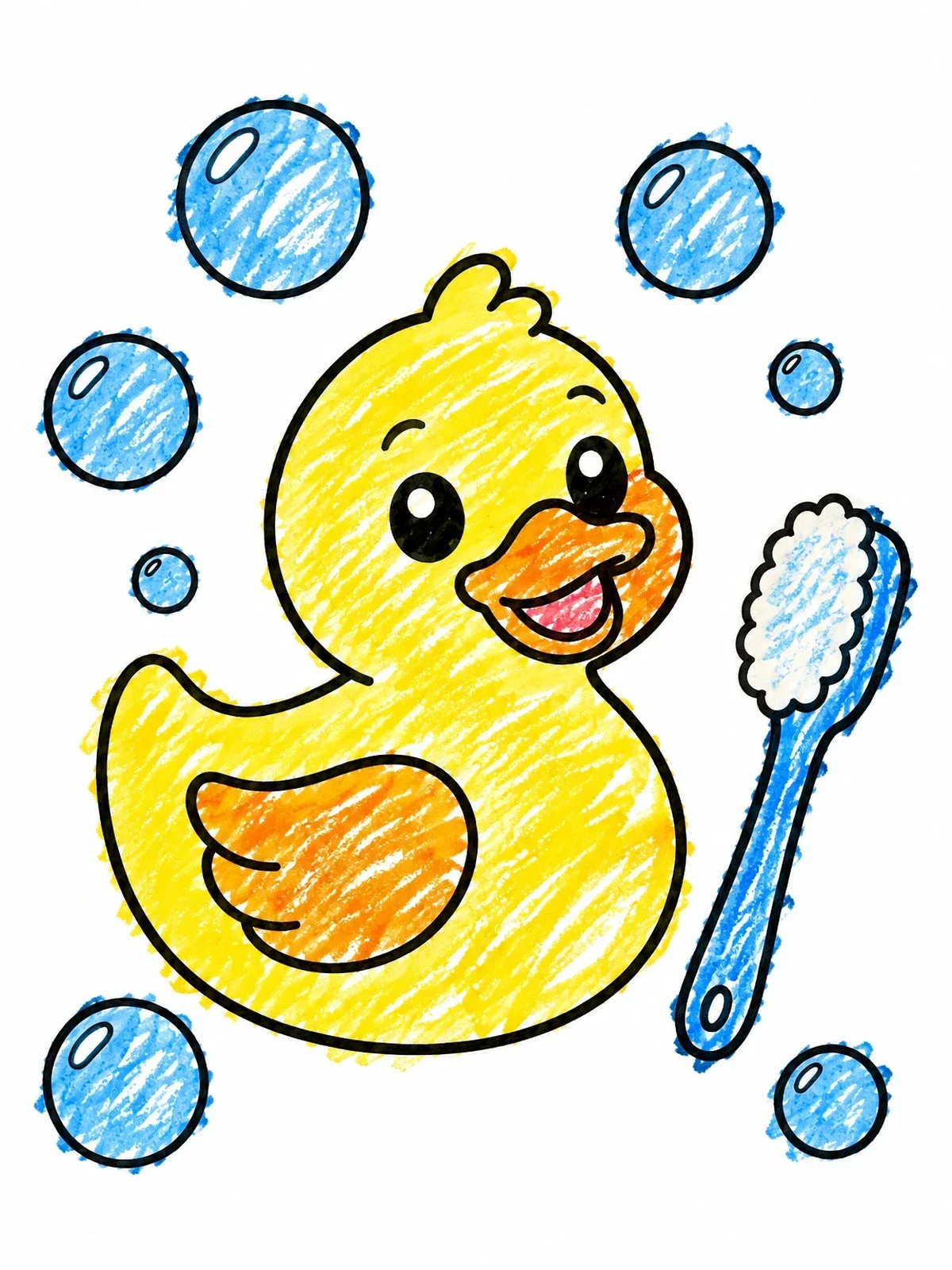 Colored example of the Rubber Duck With Bath Brush And Bubbles coloring page
