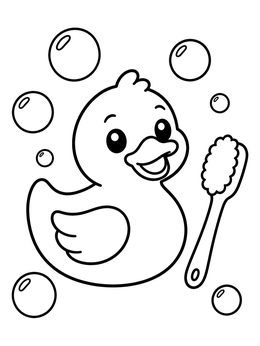 A cheerful rubber duck coloring page surrounded by bath bubbles and a brush.