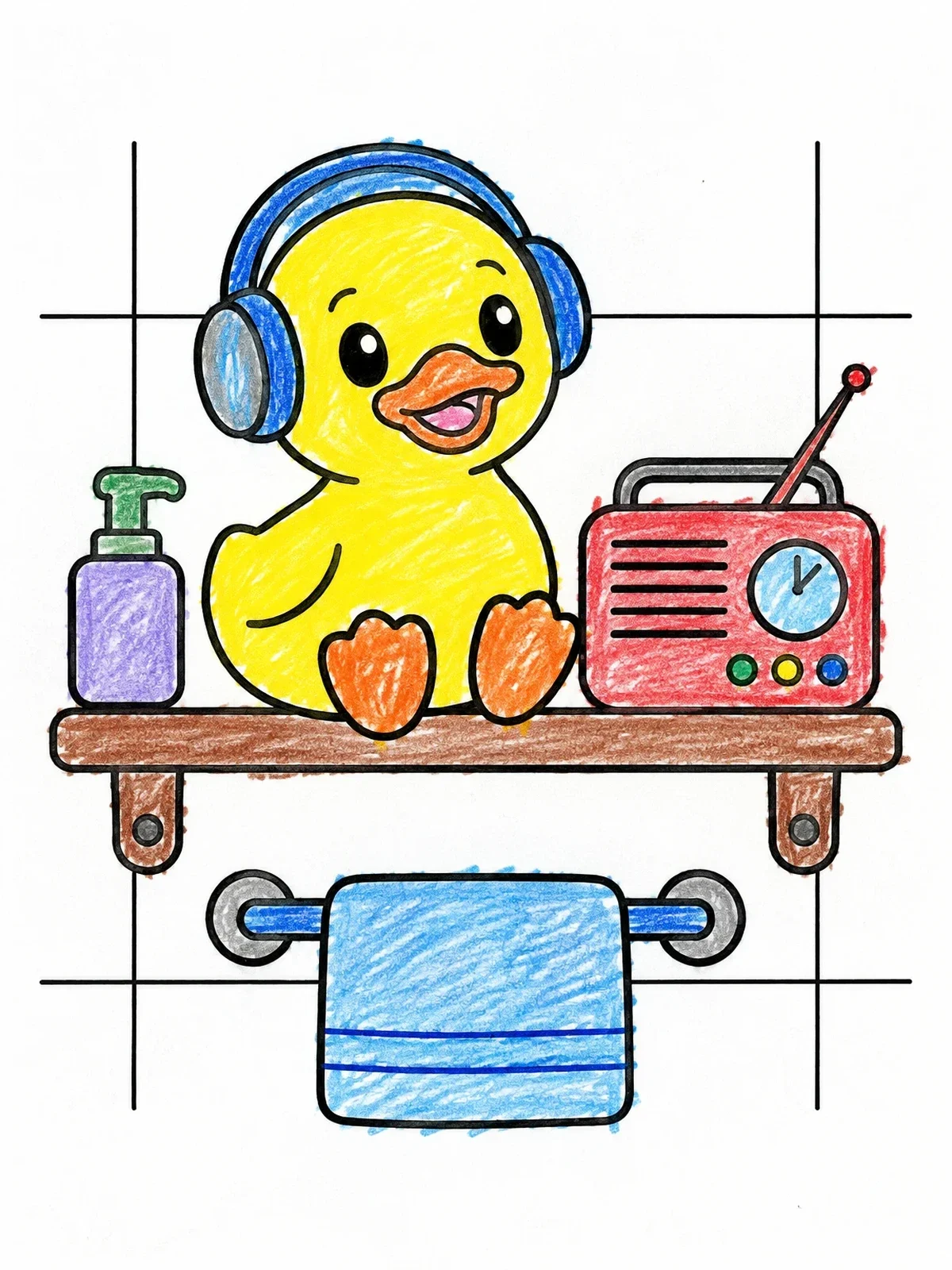 Colored example of the Rubber Duck With Headphones On Bathroom Shelf coloring page