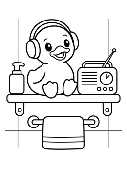 A cute rubber duck coloring page showing the duck with headphones beside a retro radio on a shelf.