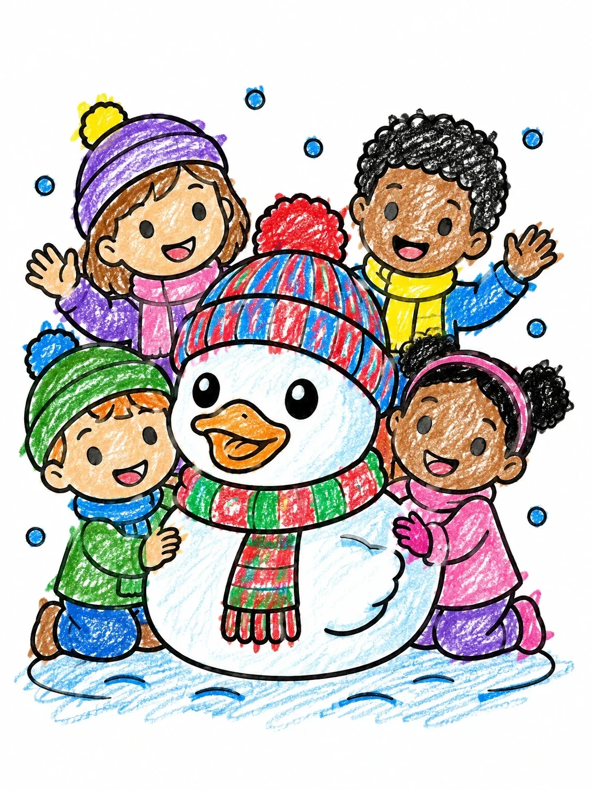 Colored example of the Children Building A Winter Snow Duck coloring page