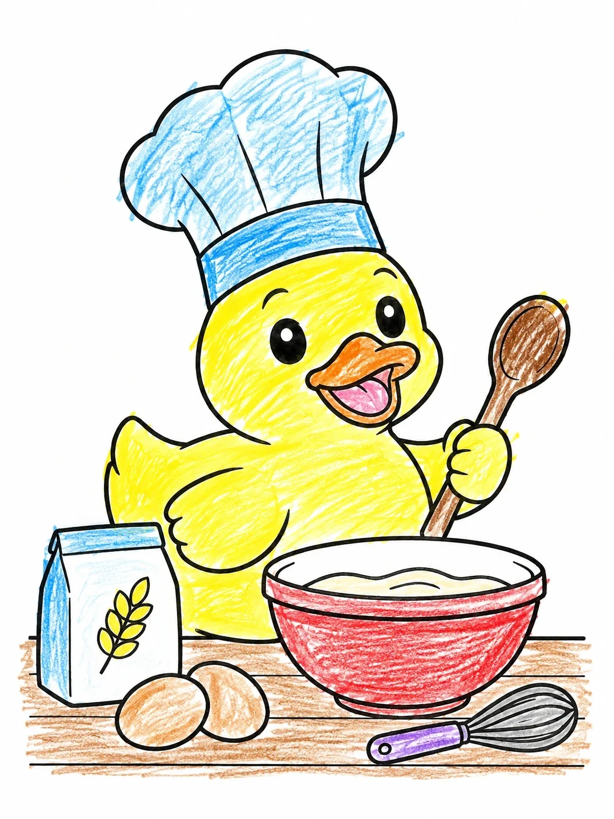 Colored example of the Little Chef Duck Baking In Kitchen coloring page