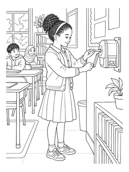 A detailed ruby bridges coloring page showing a young student sharpening a pencil in a classroom.