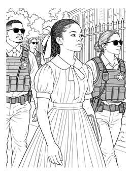 Ruby Bridges coloring page showing the young student escorted past iron fences by federal marshals.