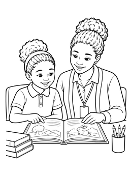 A friendly ruby bridges coloring page showing a teacher and student reading a storybook together.