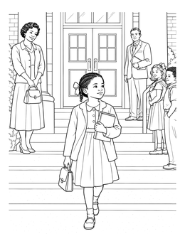 A detailed ruby bridges coloring page showing a young student walking down school steps past onlookers.