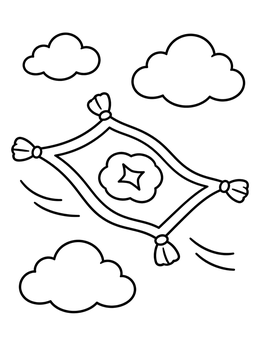 A magical flying rug coloring page floating among gentle puffy clouds.
