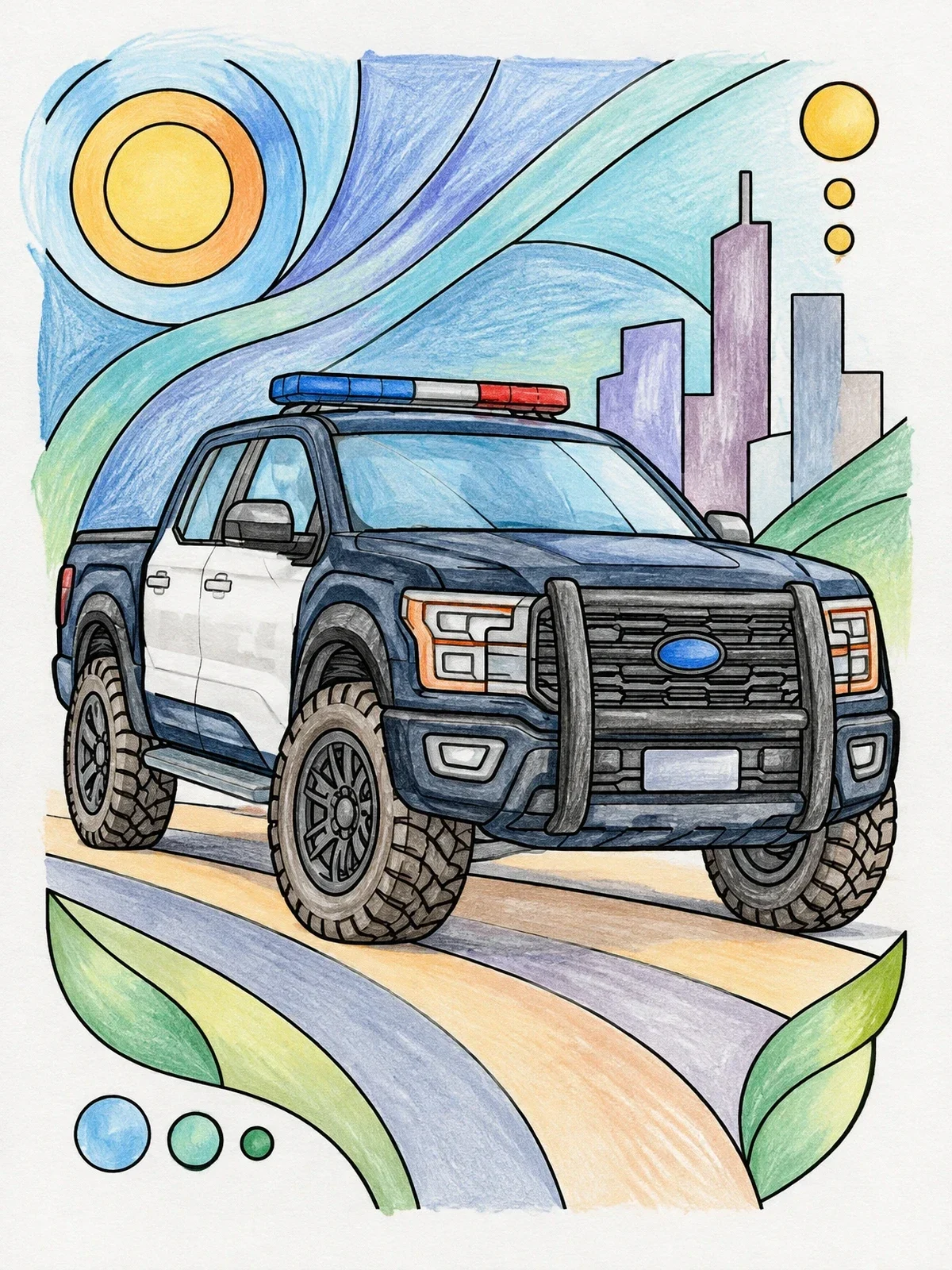 Colored example of the Rugged Police Pickup Truck coloring page