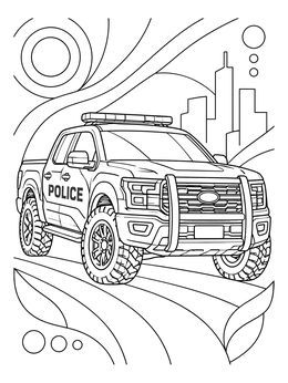 Rugged police truck coloring page against an abstract city background.