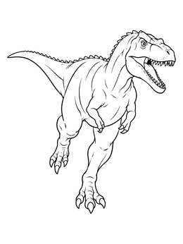A dynamic allosaurus coloring page showing the predator sprinting forward with open jaws.