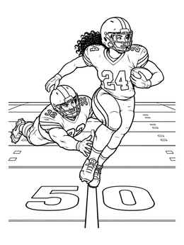 A running back dashes past a defender in this action-packed football field coloring page.