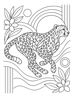 A running cheetah coloring page surrounded by abstract floral and geometric details.